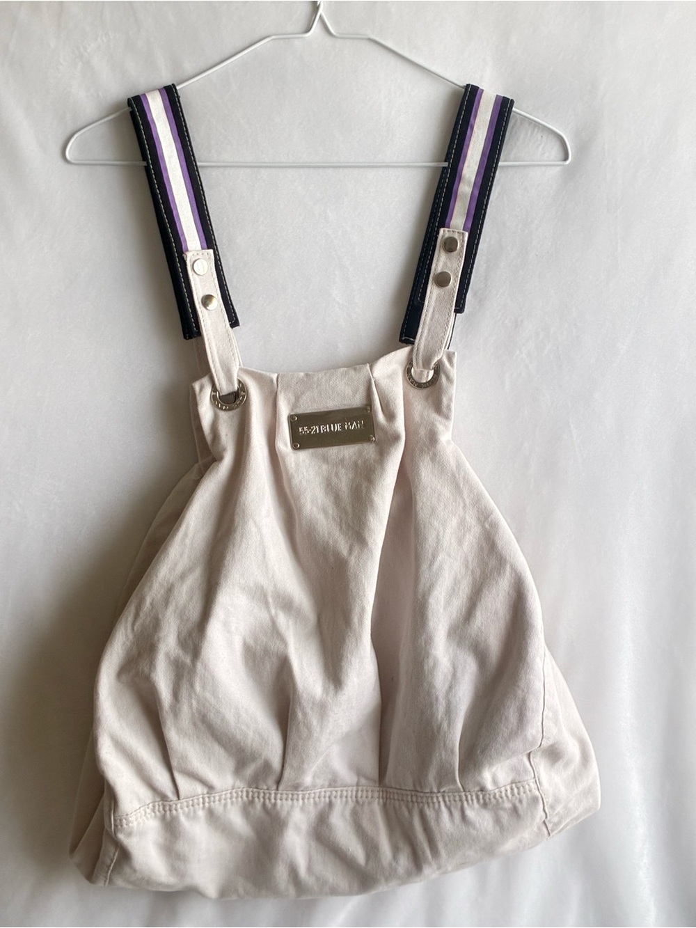 55-21 Blue Man Beige Canvas Hobo Tote Bag Striped Straps Y2K 2000s